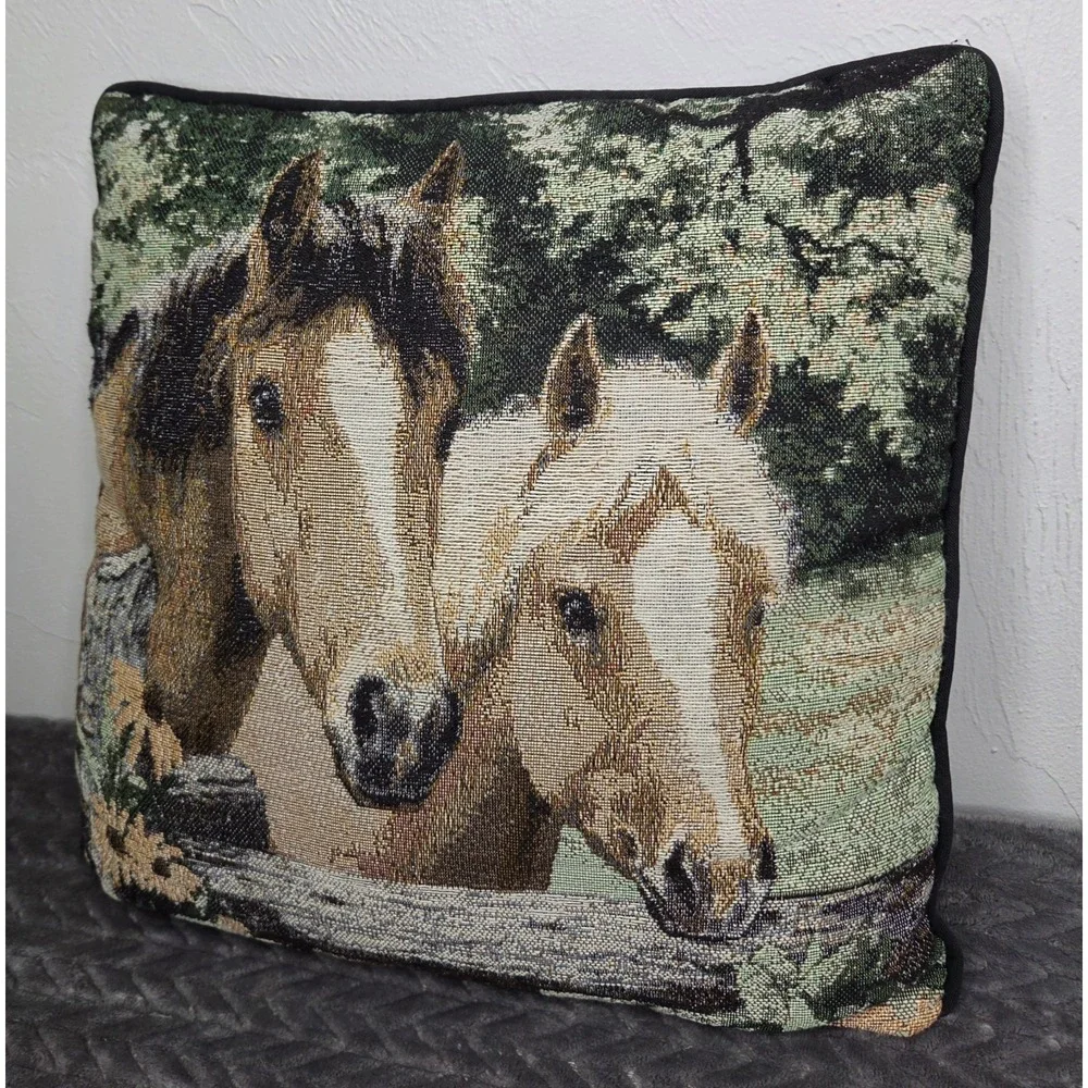 Vintage Two Horses Linda Picken Tapestry Throw Pillow Equestrian Cottage Signed